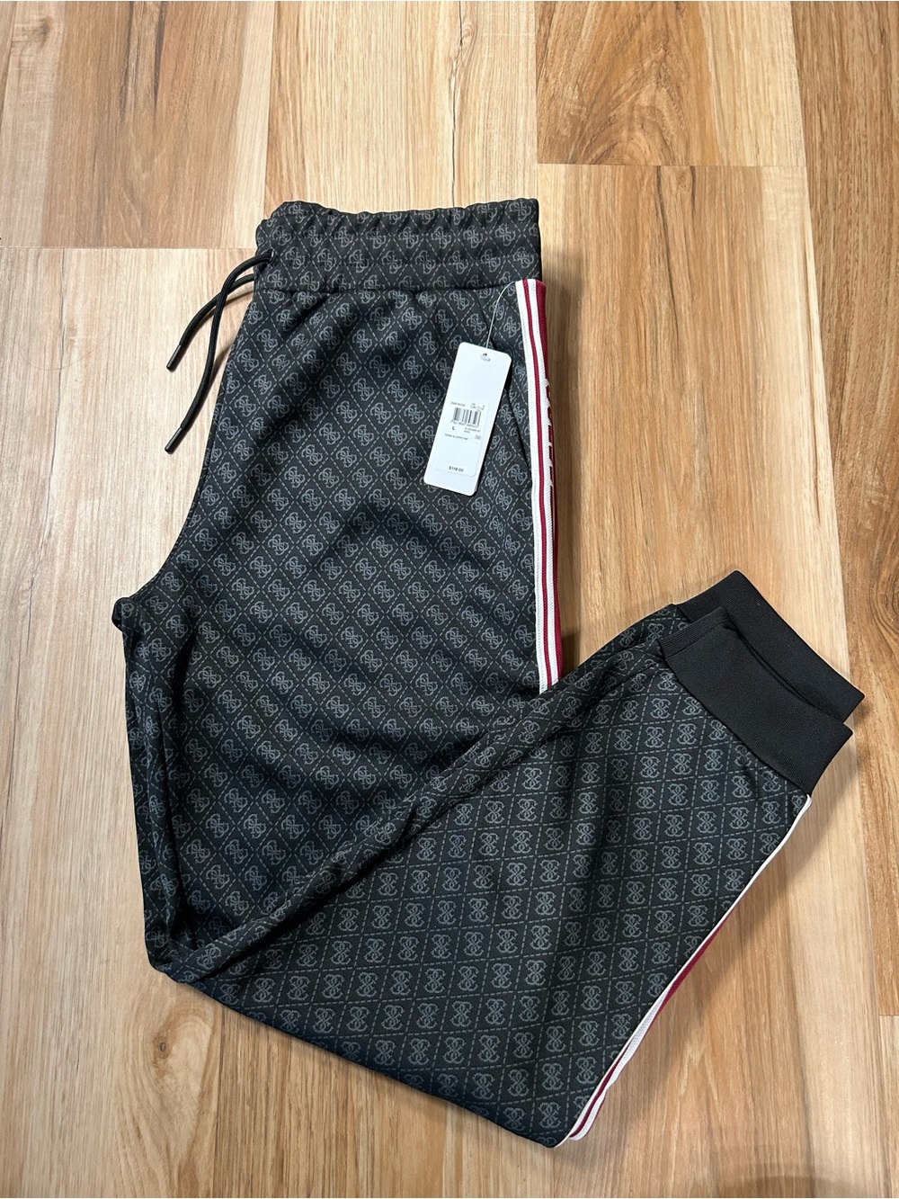Guess Black Monogram Sweatpants with Burgundy & White Side Stripes